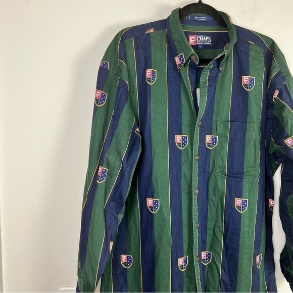 Ralph Lauren Chaps Button Up Shirt Mens L Blue Green Stripe Pocket Long Sleeve - Picture 5 of 9